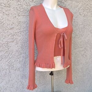 Twine and String Ribbed Knit Cardigan and Cami Tank Top 2pc Matching Set Coral